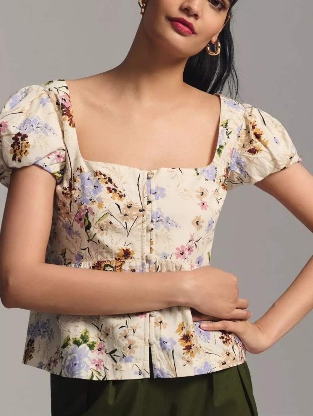 ANTHROPOLOGIE Pilcro Puff Sleeve Pintuck Cream Floral Peasant Top XS NWT